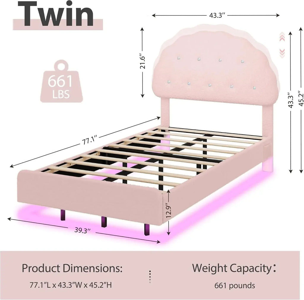 Twin Size Bed Frame with Headboard and LED Lights, Cloud Floating Upholstered Bed Frames with Adjustable Headboard and Raised