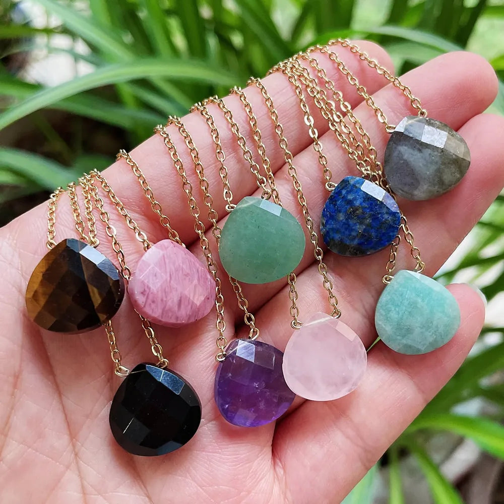 Korean Natural Crystal Pendant Necklace for Women Triangle Water Drop Real Amethysts Roses Quartz Steel Chain Crystal Necklace