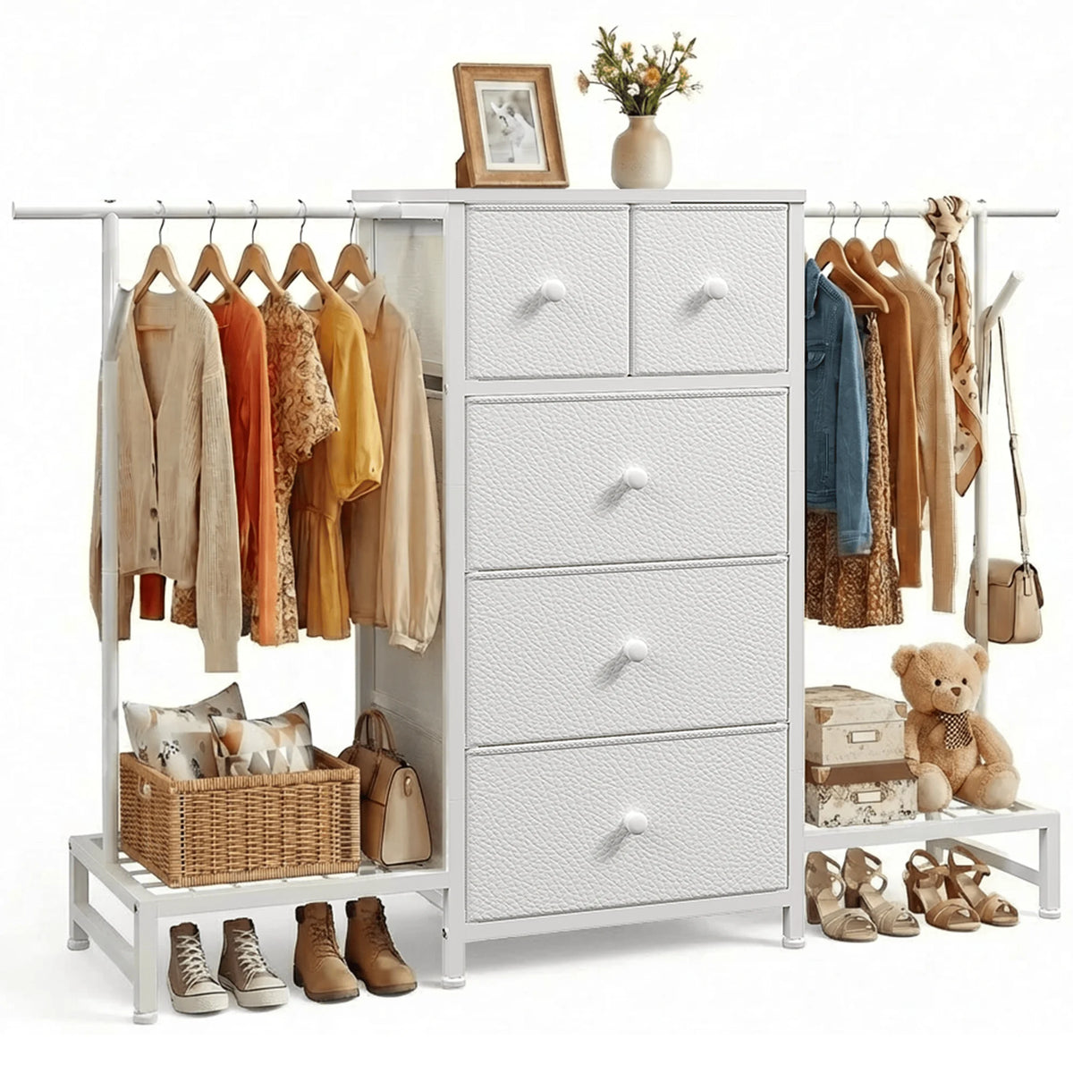 3-in-1 Dresser & Hanging Rack – 57.8" Wide with 5 Drawers & Shoe Rack, Side Hooks for Bedroom Storage and Walk-in closet