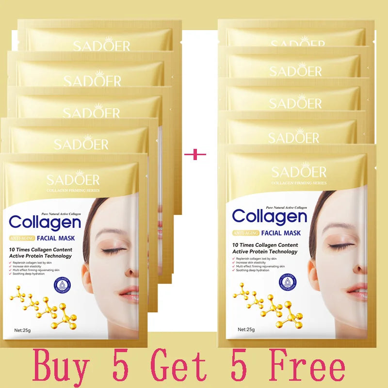 10pcs Korean Collagen Anti Wrinkle Facial Mask  Fade Fine Lines Anti Aging Firm Skin Moisturizing Brightening Skincare Mask