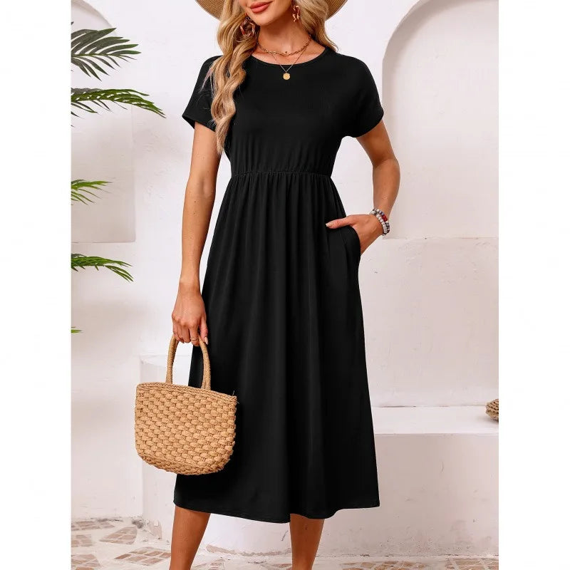 New Casual Round Neck Short Sleeve Solid Flowy Maxi Dress Women EU US Gown