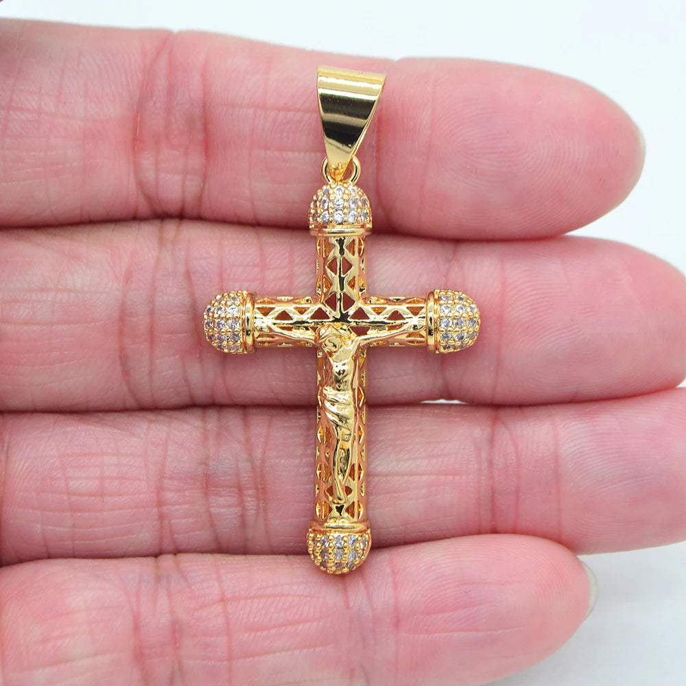 High Quality Gold Color Clear Cubic Zirconia Jesus Crucifix Dome Cross Pendant Jewelry
