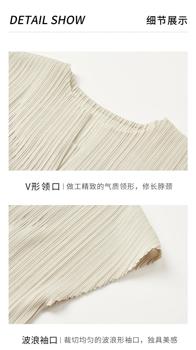 Miyake Fold 2024 Fall New Slimming V-neck French Dress For Women Advanced Short-sleeved Waist Elegant Commuter Dress