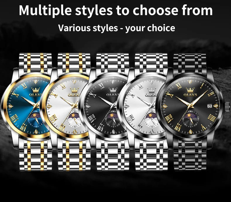 OLEVS 3656 Brand Men's Watches Fashion Original Quartz Watch for Man Waterproof Stainless Steel Luminous Wristwatch Moon Phase