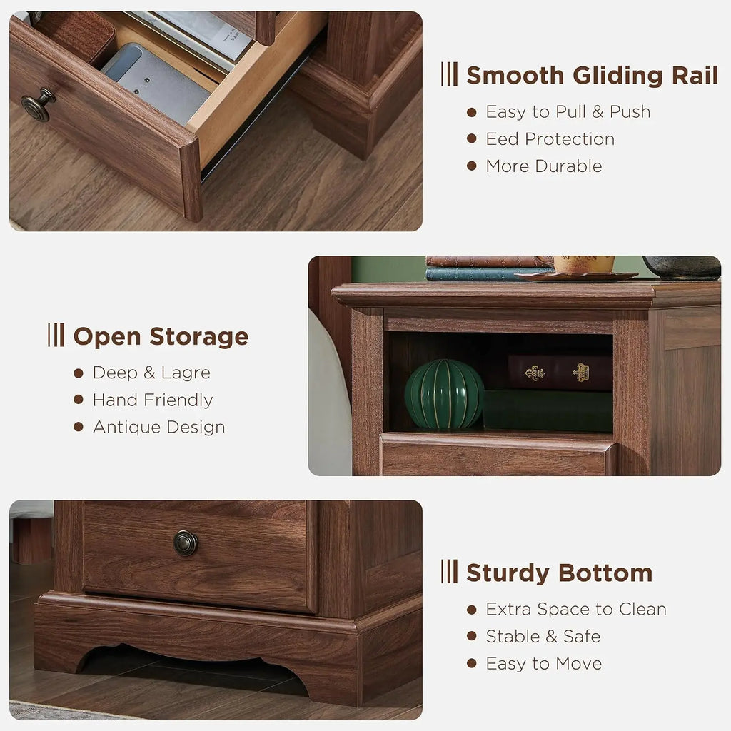 Vintage Nightstand Set of 2 with Charging Station, Light Walnut, Customized