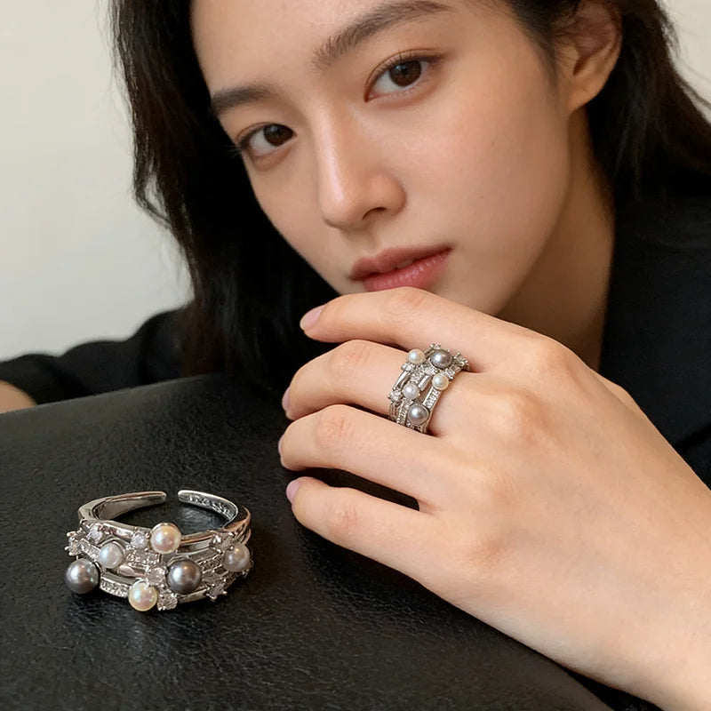 Cold Wind Imitation Pearl Zircon with Multi Layer Metal Open Rings 2026 Gothic Girl's Trendy Jewelry Luxury Jewelry For Women
