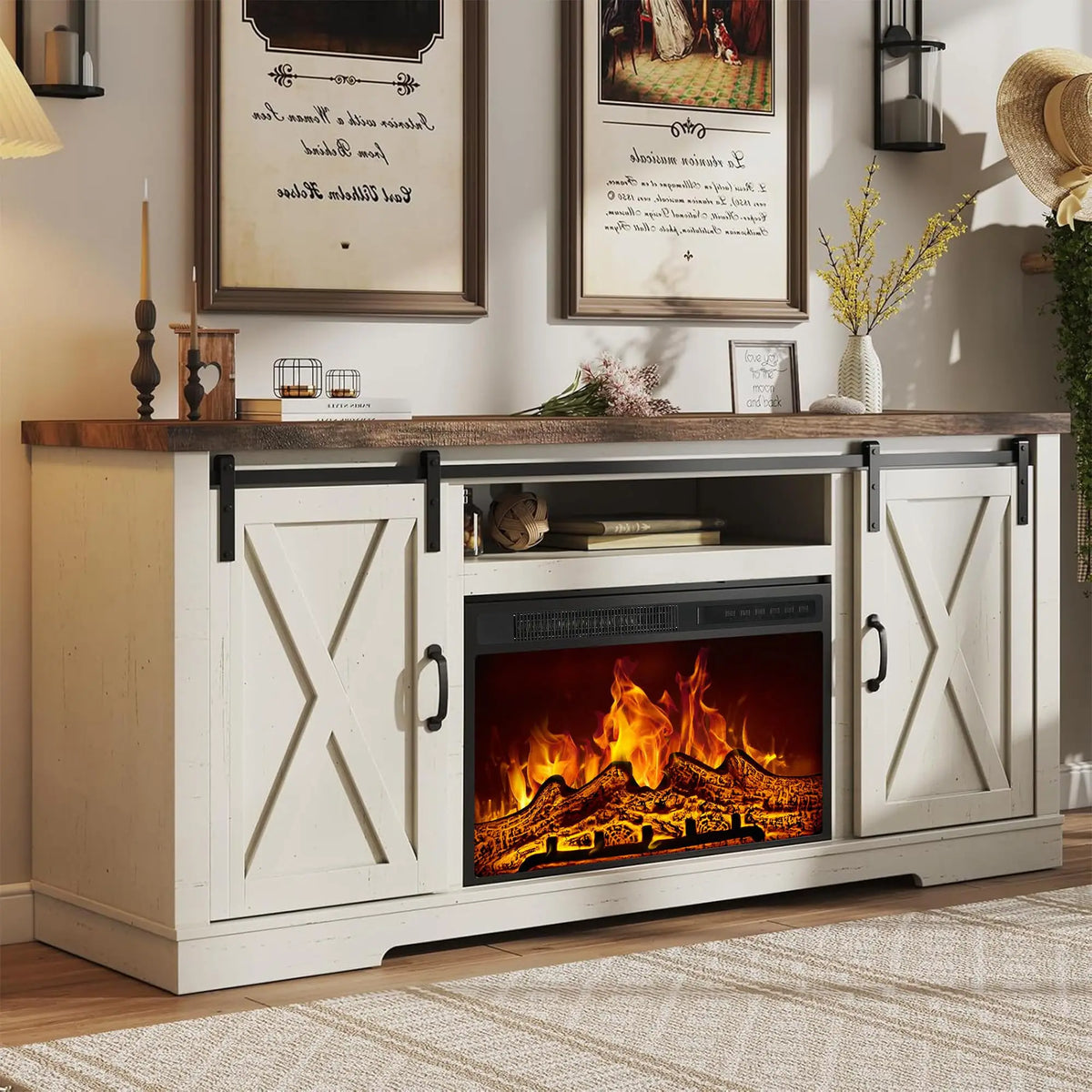Amerlife Farmhouse Fireplace TV Stand with Sliding Barn Doors 59"