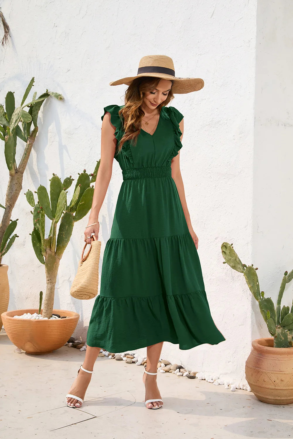 VigoCasey 2026 Summer Female Solid Long Dress Women Sexy Ruffle Sleeveless V Neck Long Dress Lady Casual High Waist Dresses