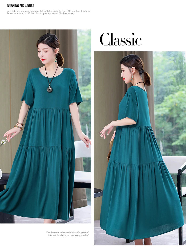 New Fashion 2023 Causal Summer Dresses For Women Loose Solid Long O-neck Dress Vintage Short Sleeve Womens Clothing