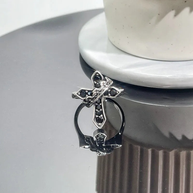 New Fashhhion Punk Dark Vintage Cross Open Rings For Women'S Luxury Copper Gold-Plated High-Quality Rings Y2K Style Jewelry