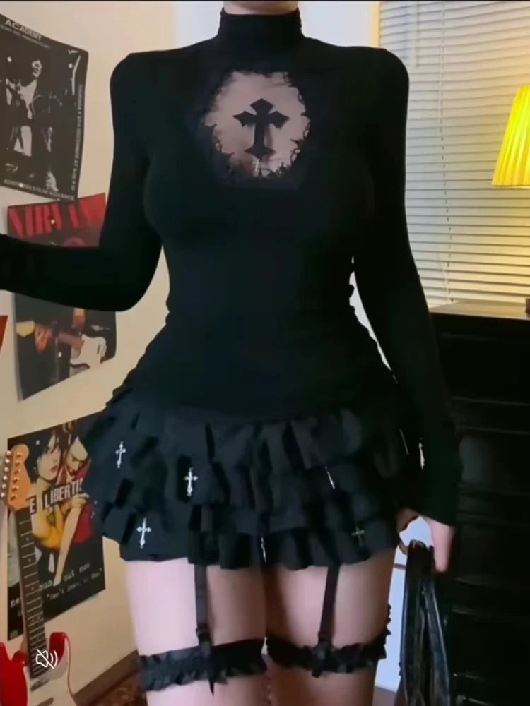 Y2K Gothic Basic T-shirt Women Cyber Punk Aesthetic Cross Mesh Patchwork See Through Crop Tops O-neck Short Sleeve Tee Slimming