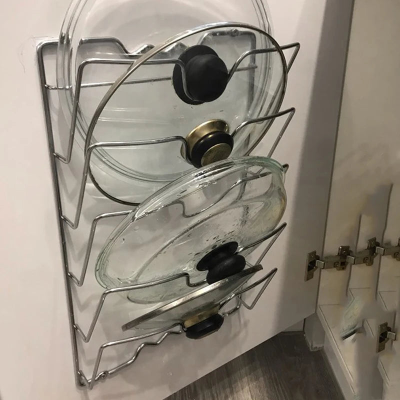 1 Ud. Accesorios de cocina Soporte de acero inoxidable para tapas de ollas Organizador de cocina Soporte para tapas de sartenes Rejilla para platos