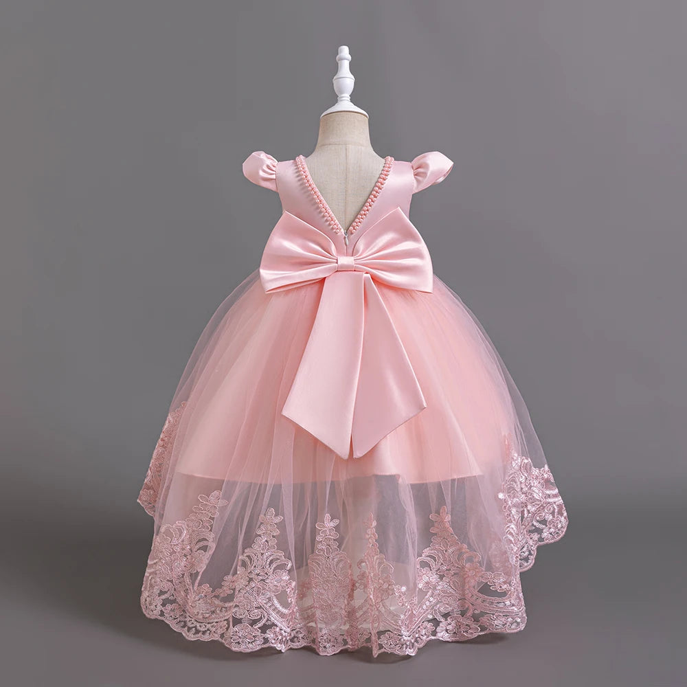 Hetiso Girls Flower Embroidery Party Dresses Kids Summer Formal Holiday Birthday Gown Kids Trailing Evening Princess Clothes 1-6