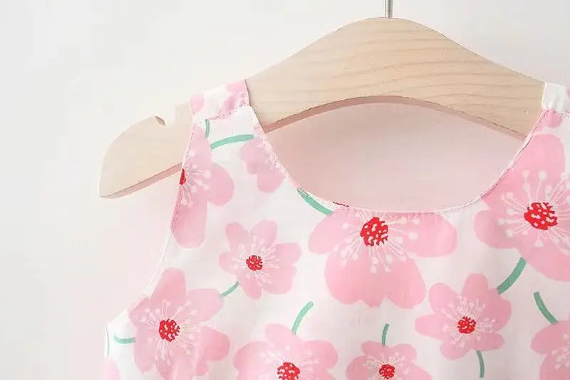 Beach Party Baby Girl Flower Dress Summer New Sweet Bow Children'S Clothing+Hat (9 Months -3 Years Old)
