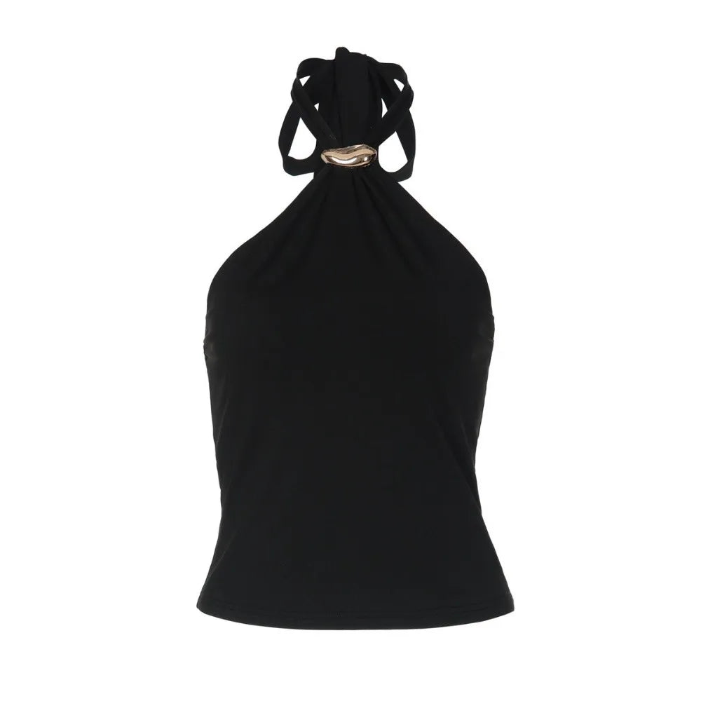 Sexy Versatile Halter Top Solid Color Camisole Style Lace Up Top Slim Fit Sleeveless Tank Top Women Summer Wear