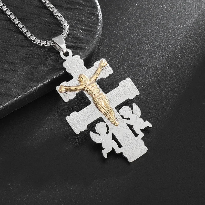Jesus Christ Cross Mens Necklace Gold Color Cross Religious Pendant Necklace Accessory Chain Accessories