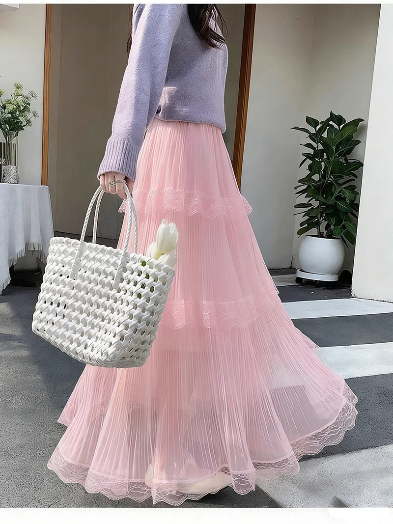 Retro Sweet White Long Skirt Women Casual Loose High Waist Elegant Skirt Vintage Lace Patchwork Korean Summer Long Skirts
