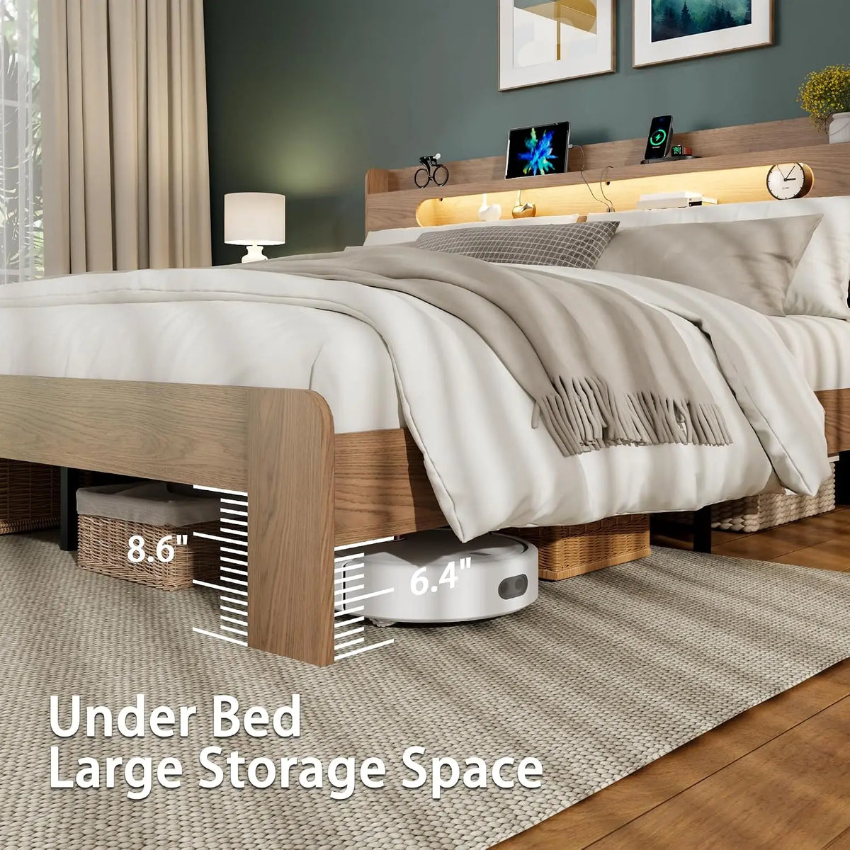 Queen Bed Frame 2-Tier Shelf Headboard Walnut LED Lights Charging Station Rustic Platform Wood Slat No Box Spring, Customized
