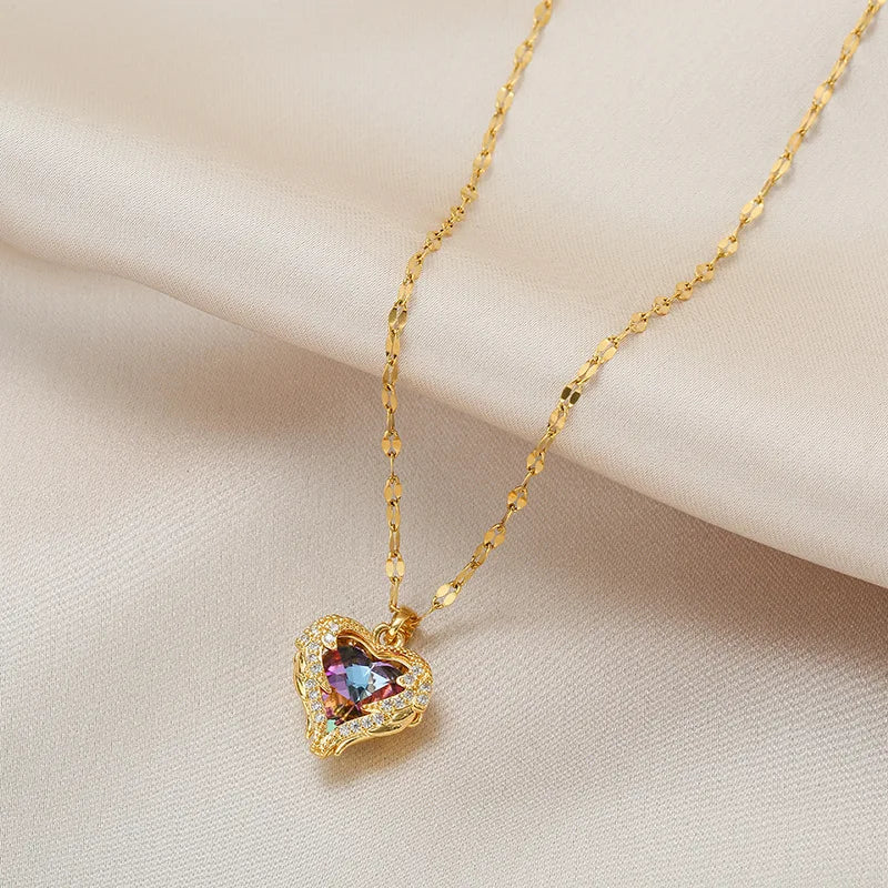 Top Luxury Colorful Crystal Ocean Heart Pendant Necklace For Women'S Trendy 316L Stainless Steel Jewelry Female Wedding Neck Chain