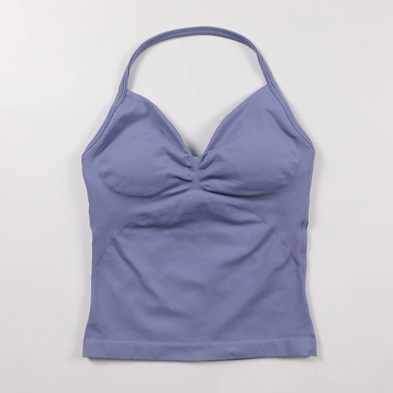 No Logo Longline Strappy Top Women Seamless Yoga Tank Top Ruched Backless Gym Clothes Workout Sleeveless Shirt With Built In Bra