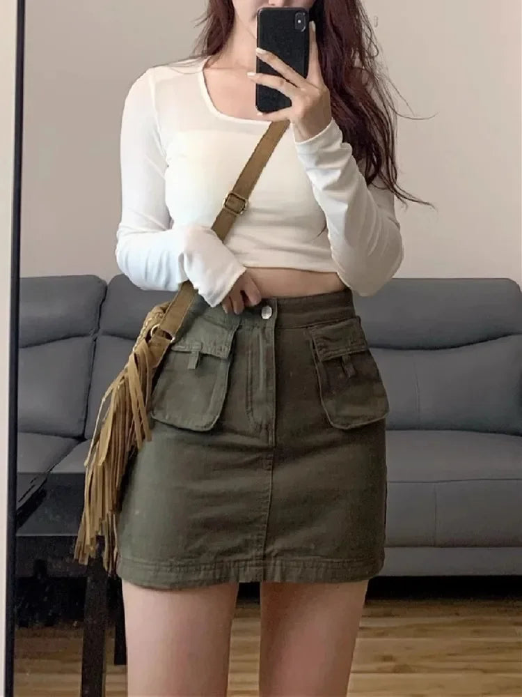 American Retro Workwear Mini Skirt A-Line Design plus Size High Waist Slimming Denim Half-length Skirts for Women