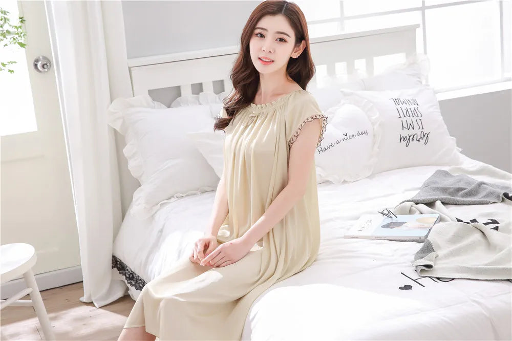 2026 New Women's Summer Imitation Silk Sleeping Skirt Multi Colored Short Sleeved Home Clothes Ice Silk Pajama Dress
