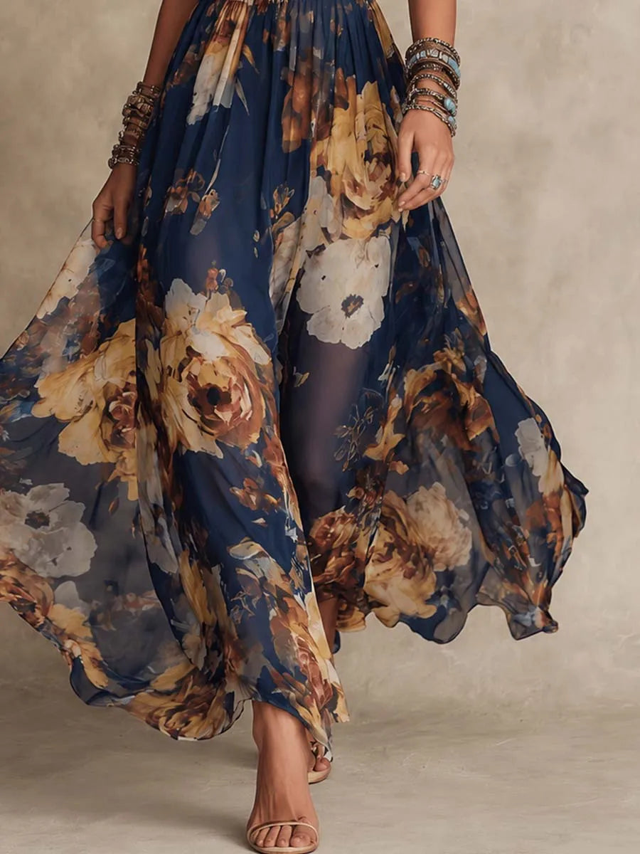 New Women Boho Floral Print Maxi Dress Elegant Spaghetti Strap V Neck Sleeveless Slim Waist A-Line Long Flowing Beach Sundress