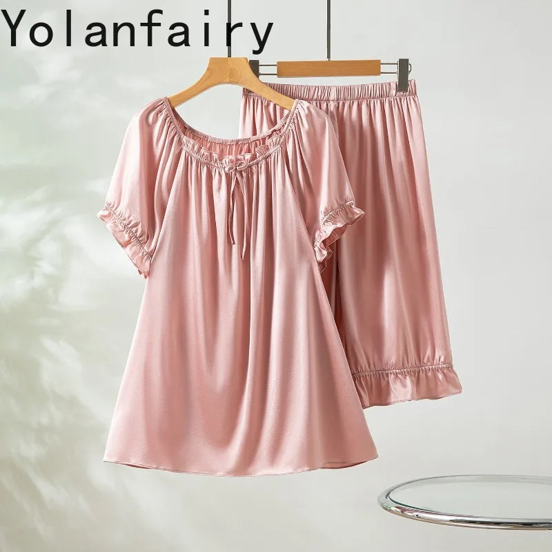 YOLANFAIRY 93% Real Mulberry Silk Pajamas for Woman 2026 Spring Summer High-end Sets Woman 2 Piece Short Sleeve Pijamas De Mujer