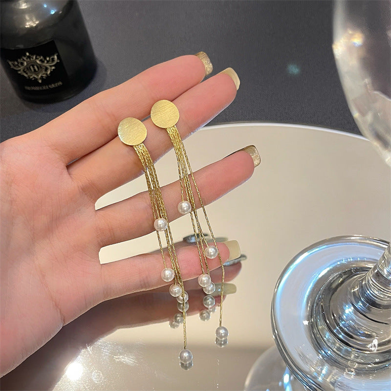 Korean Fashion Style Pearl Long Tassel Clip on Earrings for Women Simple Temperament Long Chain Non-piercing Ears Clip Earrings