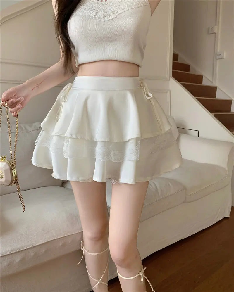 White Mini Skirts Women Lace Patchwork Sweet Ball Gown Sexy French Style Ruched Ruffled High Waist Summer Layered Romantic Gril