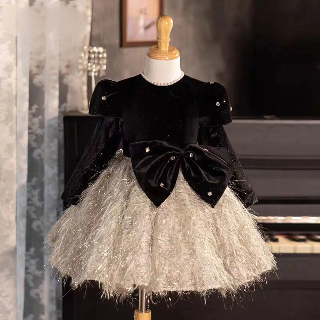 Dreamy Vow J724 Glamorous Girl Dress Long Sleeved Feather Bowed for Kids Holiday Birthday Party Princess Knee Length Ball Gown