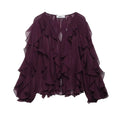 Women Fashion Solid Ruffled Blouse Vintage V-Neck Long Sleeves Female Chic Lady Shirts