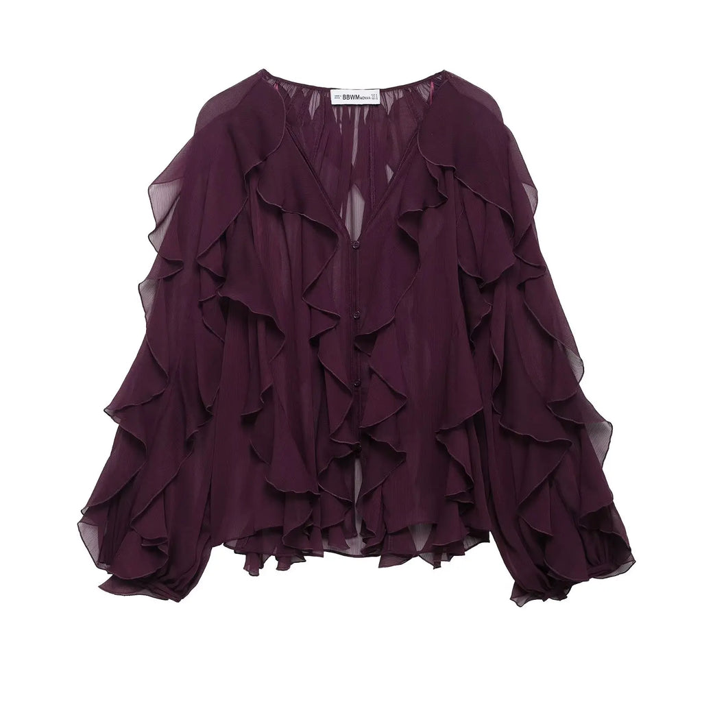 Women Fashion Solid Ruffled Blouse Vintage V-Neck Long Sleeves Female Chic Lady Shirts