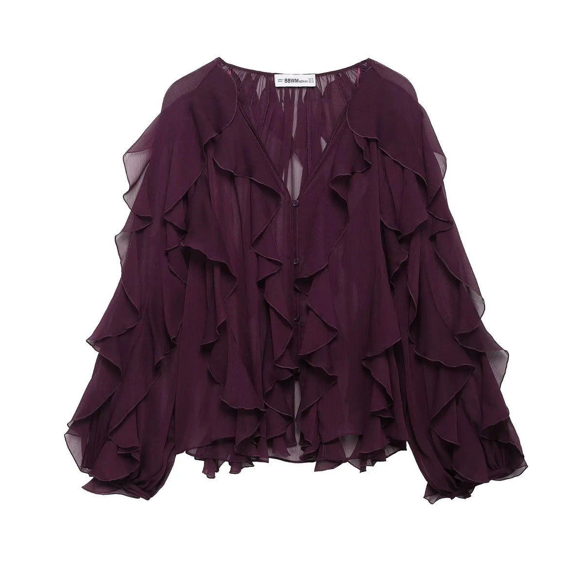 Women Fashion Solid Ruffled Blouse Vintage V-Neck Long Sleeves Female Chic Lady Shirts
