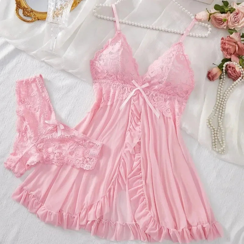 Sexy Lingerie Set Women'S Erotic Bra Nightdress Sexy Lace Sleepwear Solid Slim Soft Dresses V Neck Full Slip Sleepwear & Dresses
