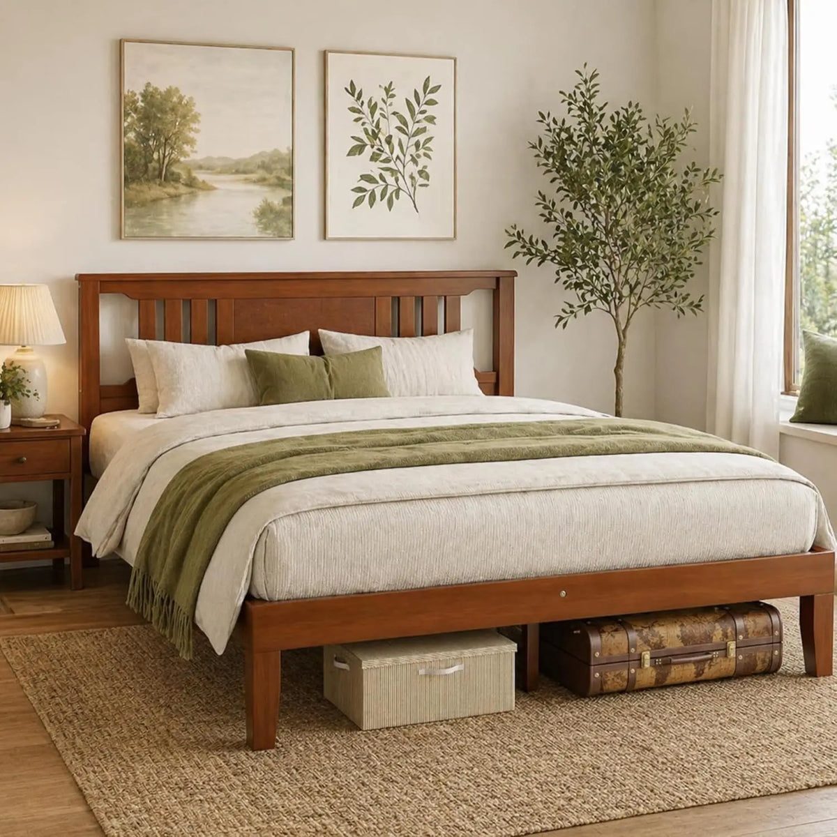 Simple Deluxe Queen Size Platform Bed Frame with Headboard, Sturdy Solid Wood Foundation with Wood Slat Support, No Box Spring N