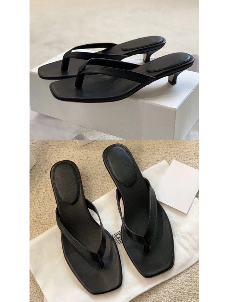 2024Summer New Leather High Heels Herringbone Slippers For Women'S Wearing French Fairy Style Square Toe Clip Sandals