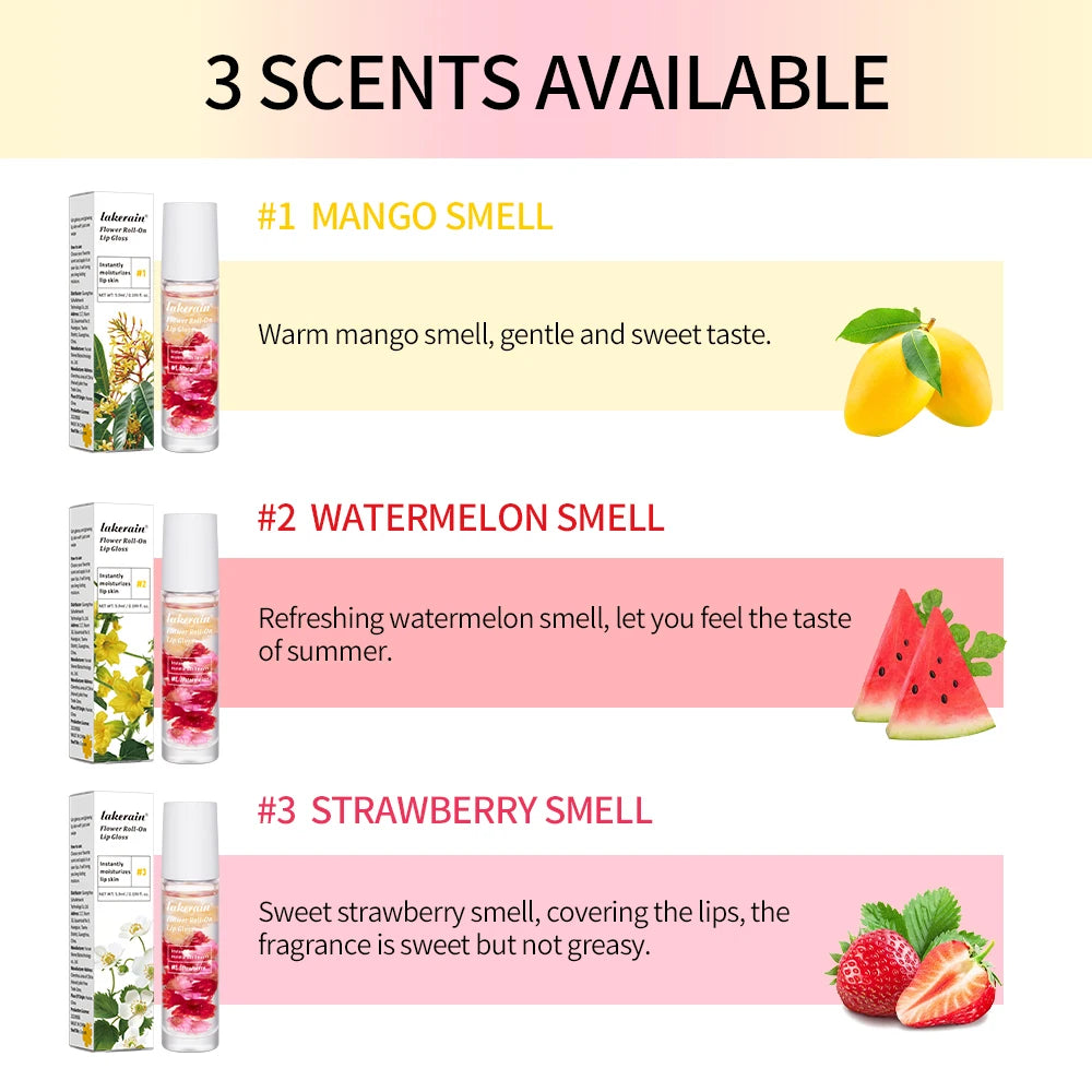 Lakerain Flower Roll-On Lip Gloss Fruit Flavor Sweet Taste Soften Lip Skin Long Lasting Gloss Deep Moisturizing Bright Gloss