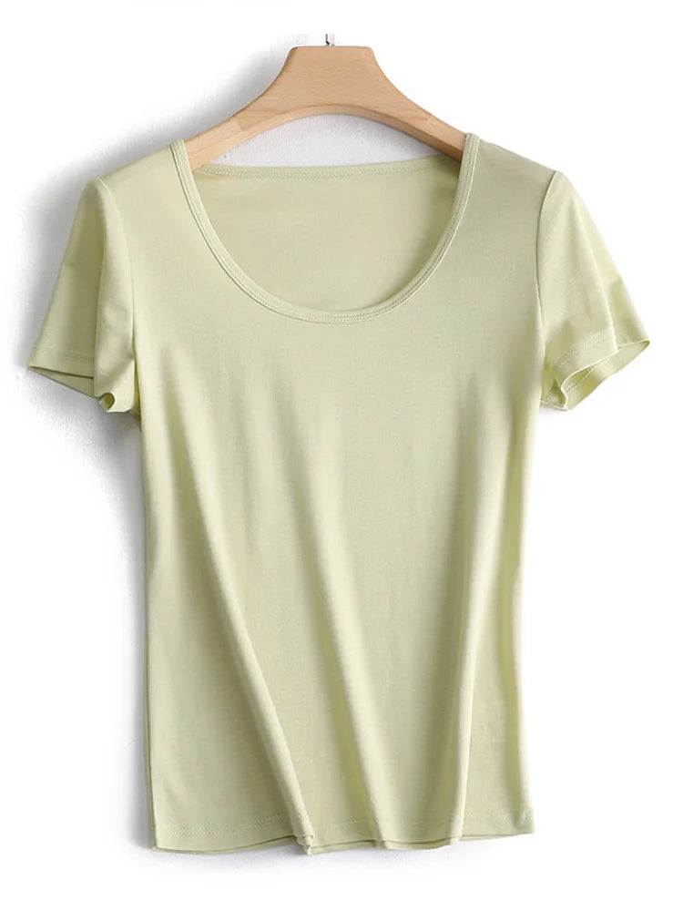 SuyaDream Women's Silk Acetate Blend Knit T-Shirt - Square Collar