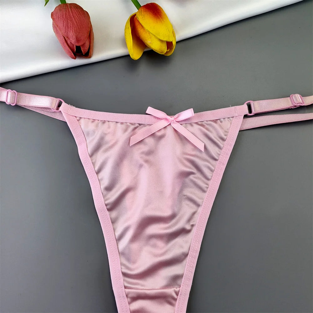3pcs Sexy Satin Silk Underwear Panties Woman Adjustable Low Waist G Strings Plus Sizes Thong Elastic Waist Culotte Femme