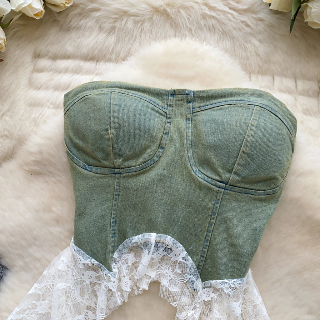 Sexy Spliced lace Chic Crop Top Korean Tanks Top Women Women Corset Bustier  women clothing