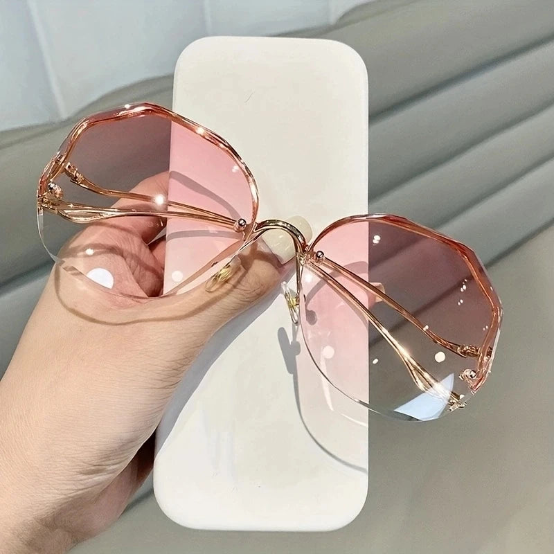 Rimless Sunglasses Polygon Fashion Popular Women Men Shades Big Frame Round Sun Glasses for Female Glasses Gradient Sunglasses