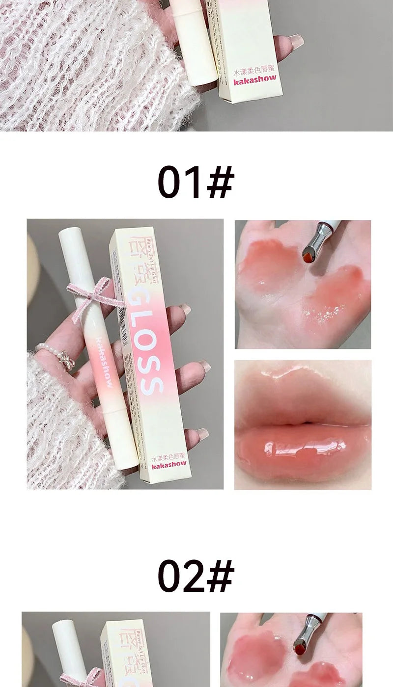 Kakashow Mirror Watery Lip Gloss Iron Brush Head Jelly Lipgloss Moisturizing Lip Tint Lipstick Nature Nude Lips Makeup Cosmetics