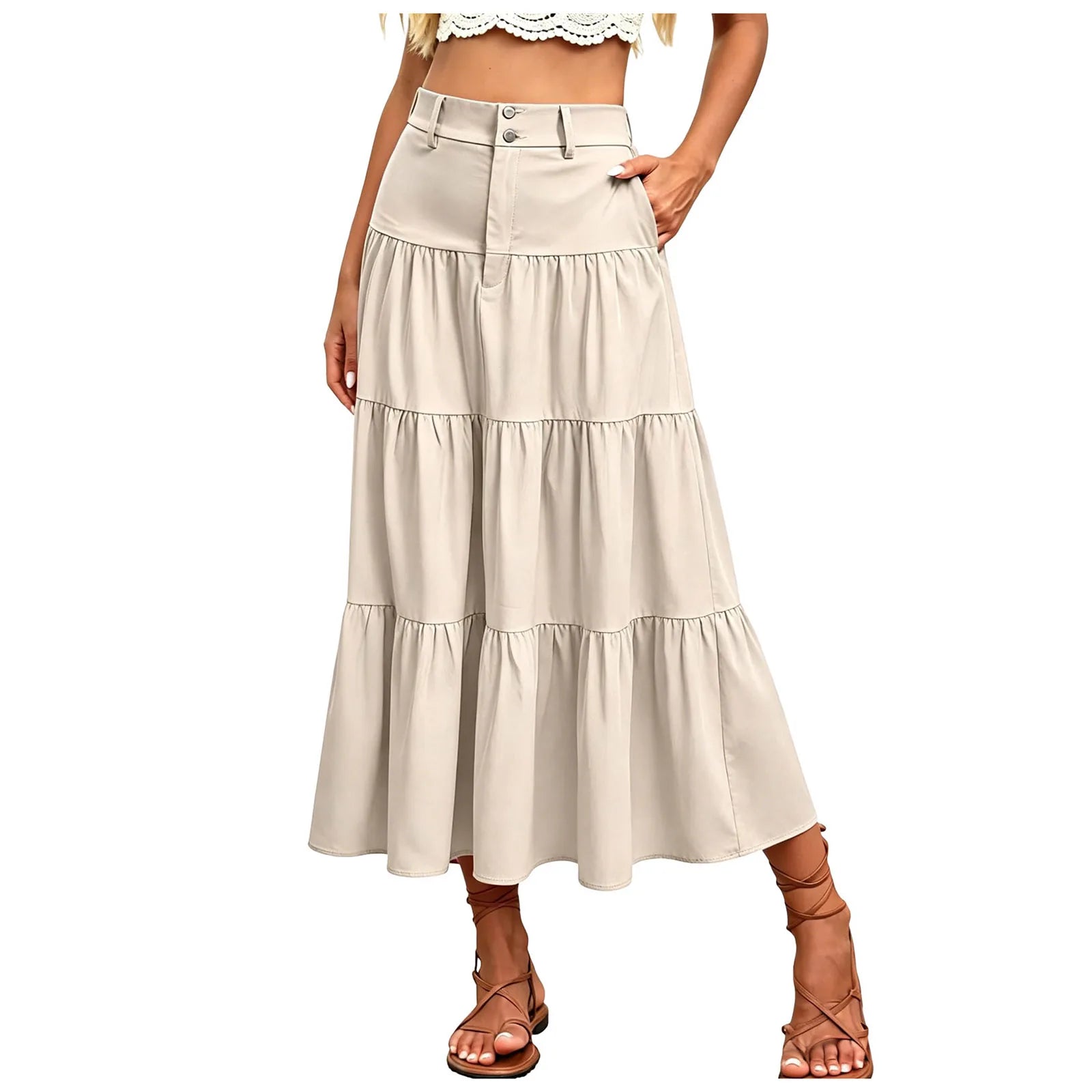 Damen High Waist Midi Mit Elastischem Bund Knopfleiste Eleganter A Linien Leichtem Material Für