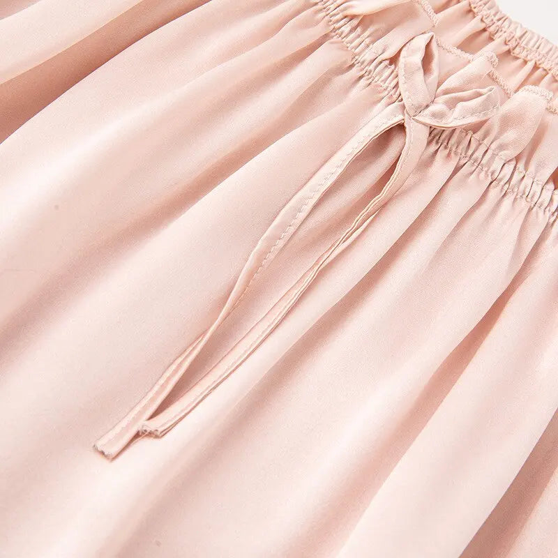 Loose 100%Silk Short Sleeve Nightgown, Summer Medium-long Satin Sleepwear Woman