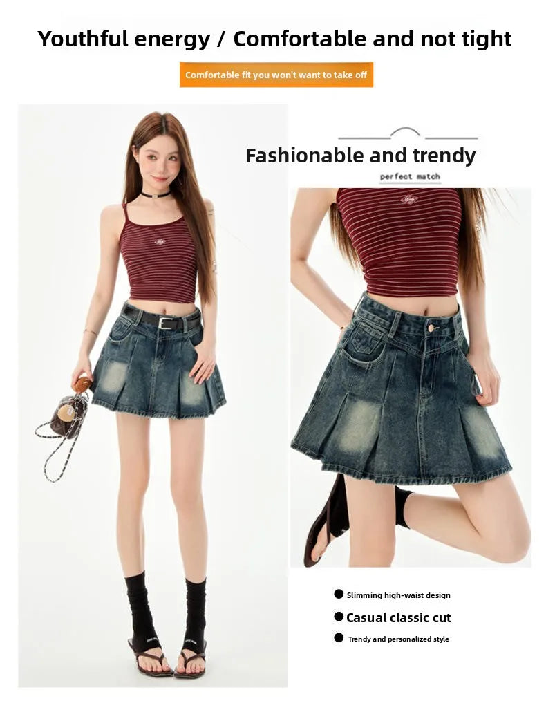 Trendy High Waist Pleated  Denim Skirt Women's Spring Summer New Lazy Style A-Line Half-length Jeans Skirts