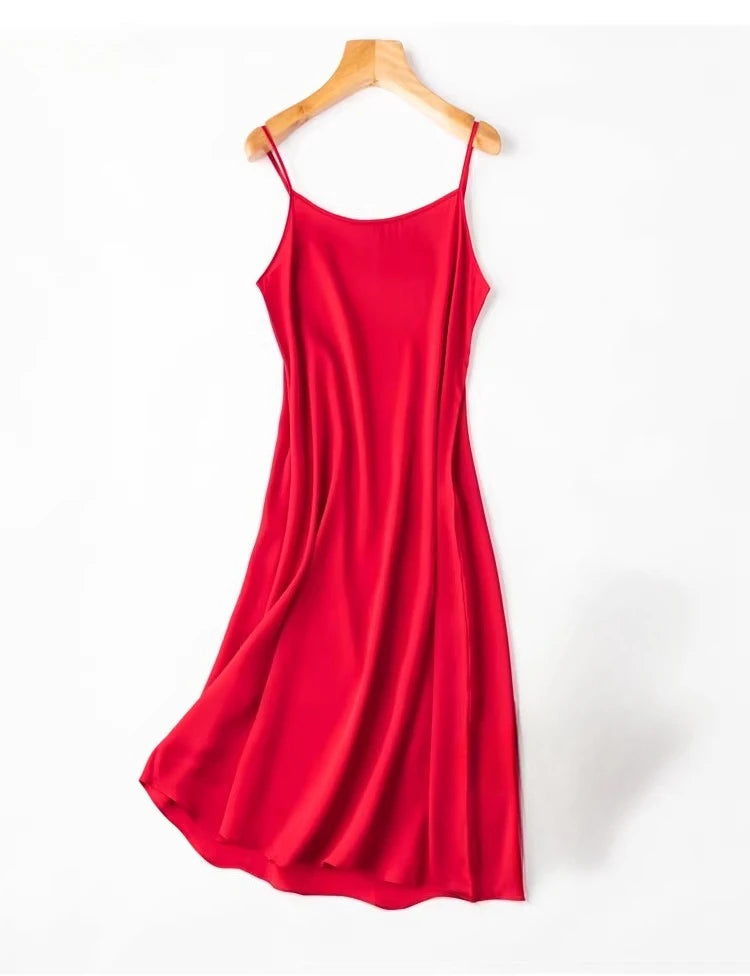 Tcyeek Women Silk Dress 93%Silk 7%Spandex Spaghetti Strap Mid Dresses 2024 Summer New Clothes Blue