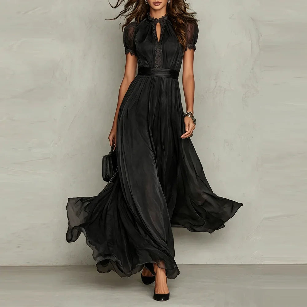 Elegant Chiffon Lace Trim Midi Dress Stand Collar Neck Puff Sleeve Cinched Waist Draped A Line Flowy Women's Casual Dresses