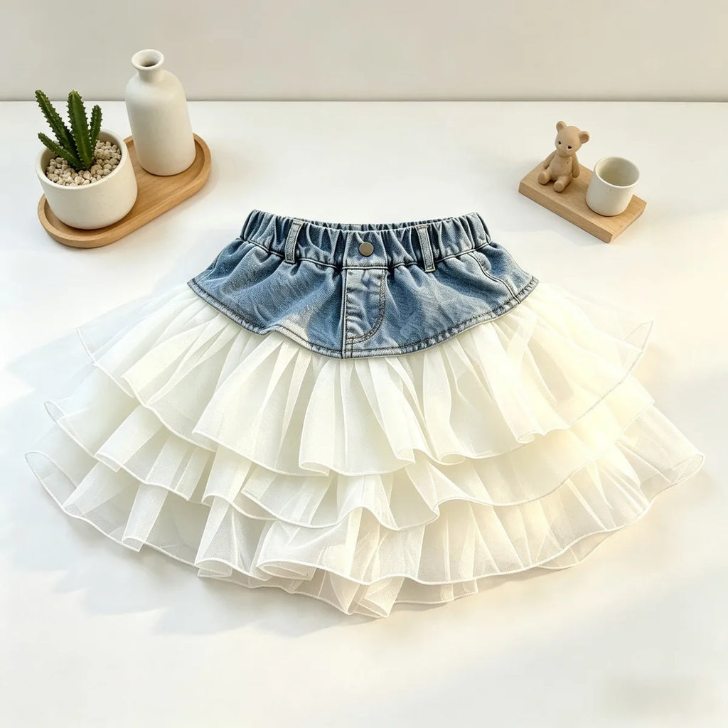 Girls' Summer Denim Short Skirt Patchwork Mesh Cake Style Children's Kids' New Fashion Skirt