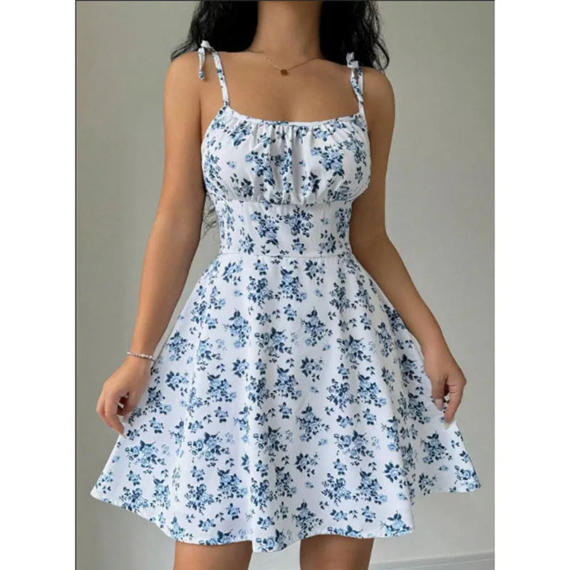 Women's Summer Floral Spaghetti Strap Beach Short Dress Sweet A-Line Mini Dress   Loose   Slimming Casual Skirt